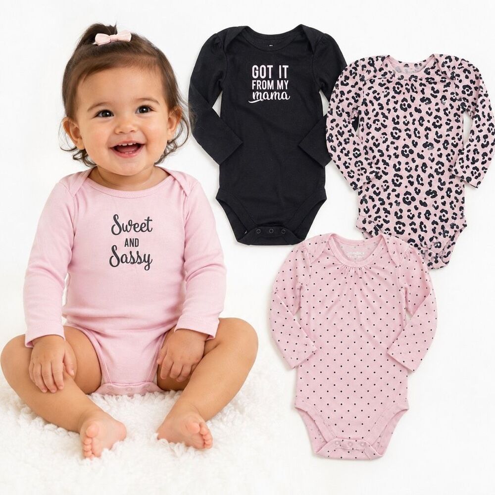 Bundles Baby Place Girls 12-18M Pink Black Leopard Bodysuits 4-Pack 100% Cotton